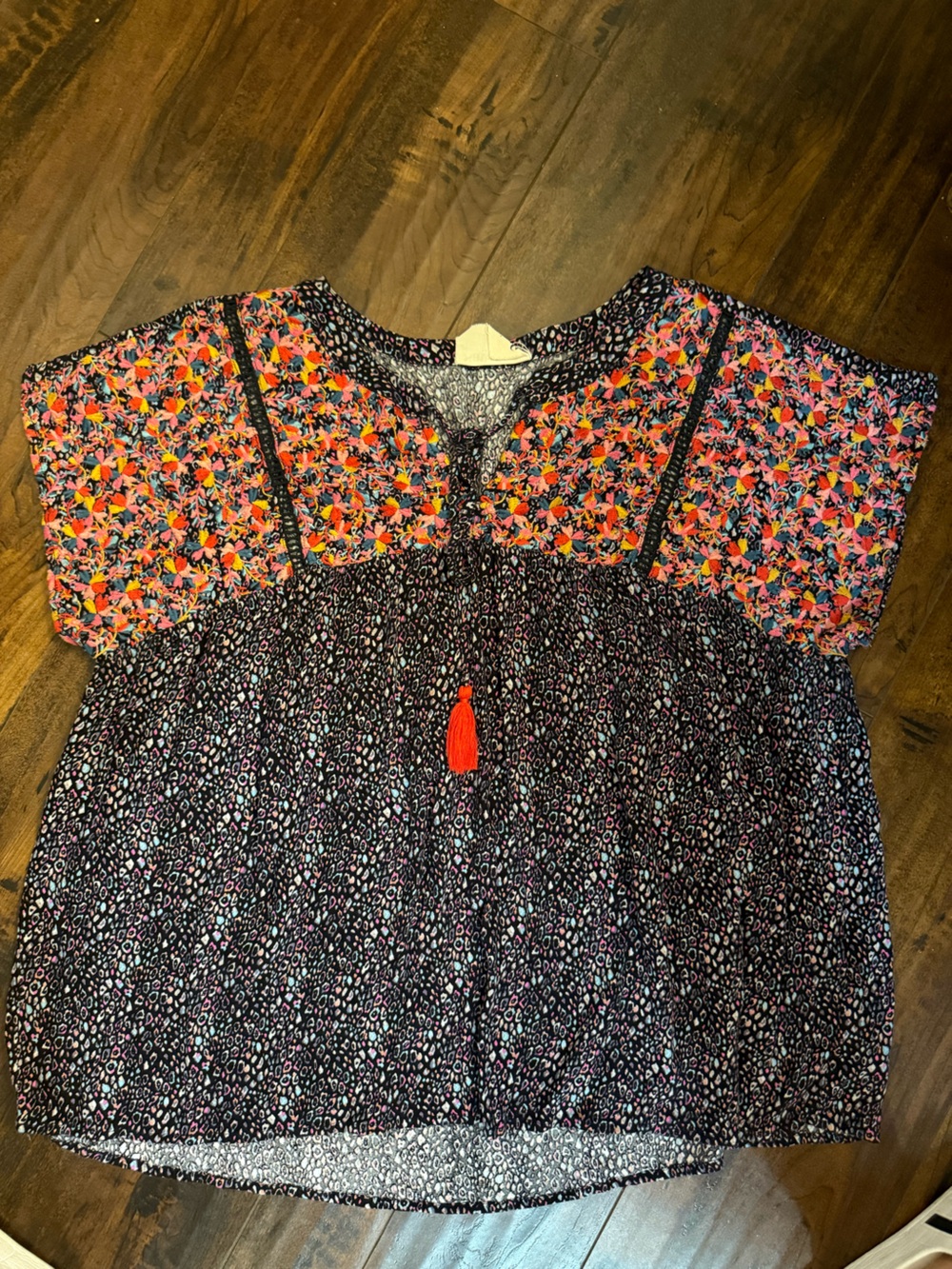 Savannah Black Blouse with Bright Orange and Pink Floral Bodice Size 1X